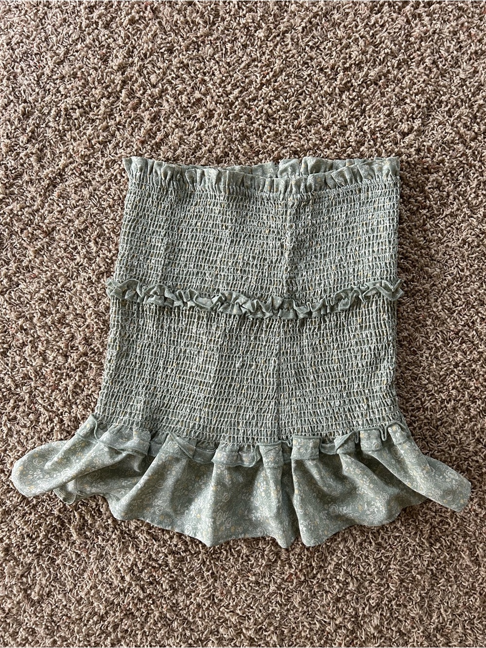 Smocked Mini Skirt with Ruffle Hem in Sage Green